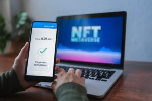 Trader doing NFT payment on metaverse market using cryptocurrency exchange app - Focus on phone